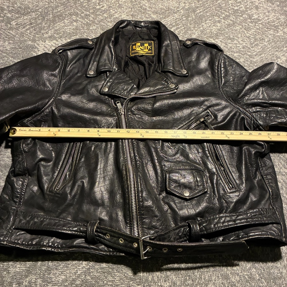 Unik International Leather Motorcycle Biker Jacket Belted Zip Size 60 Big Tall - Picture 9 of 15